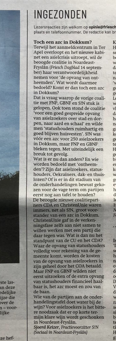 Ingezonden, Friesch Dagblad 28 september